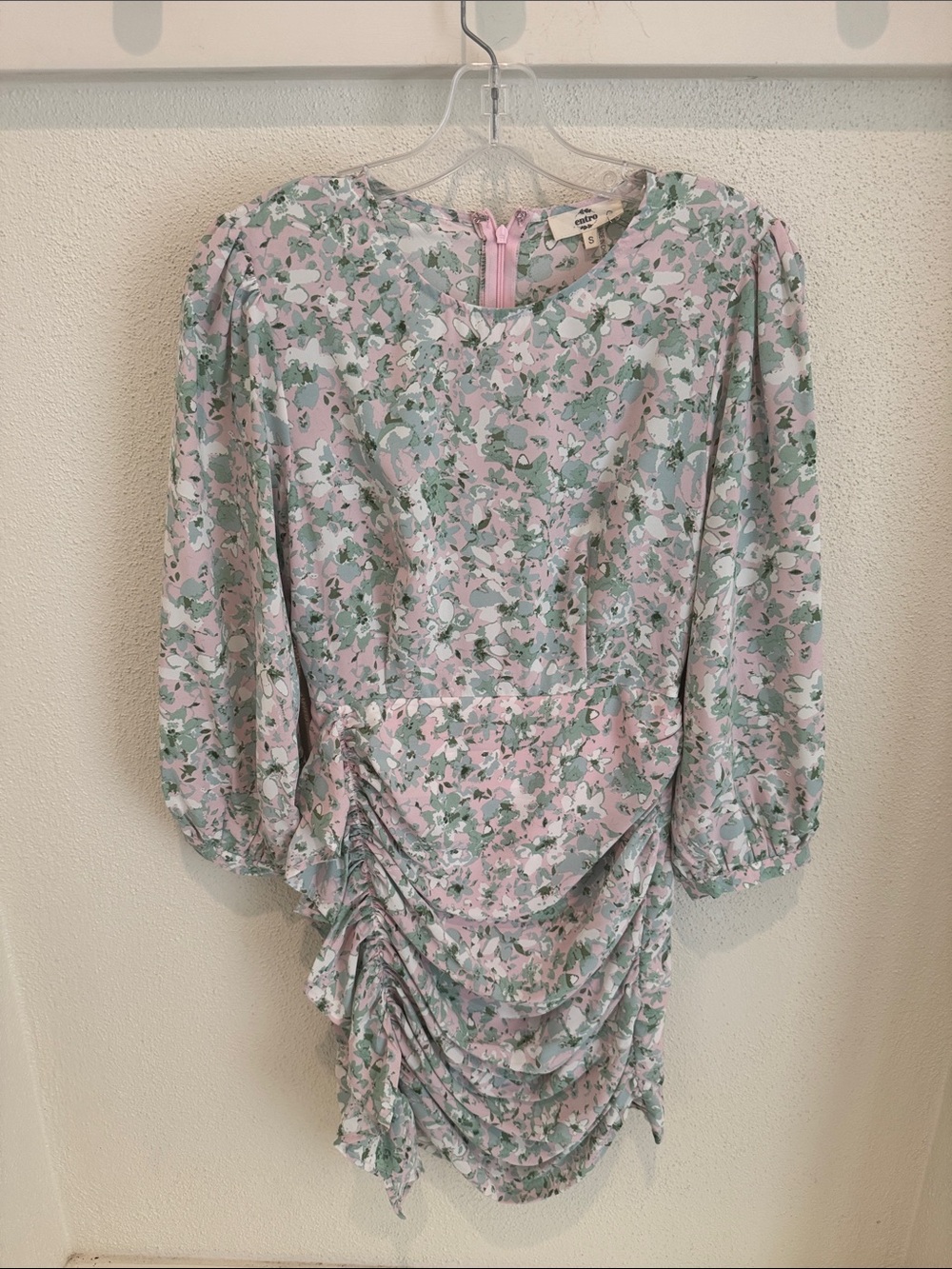 entro Pastel Pink and Mint Floral Ruched Mini Dress